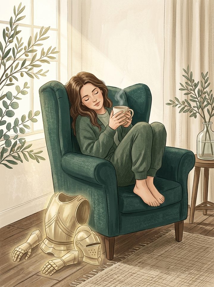 Ilustração: mulher descansando numa poltrona, com uma armadura deixada no chão