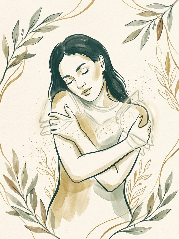 Ilustração: mulher se abraçando, em acolhimento